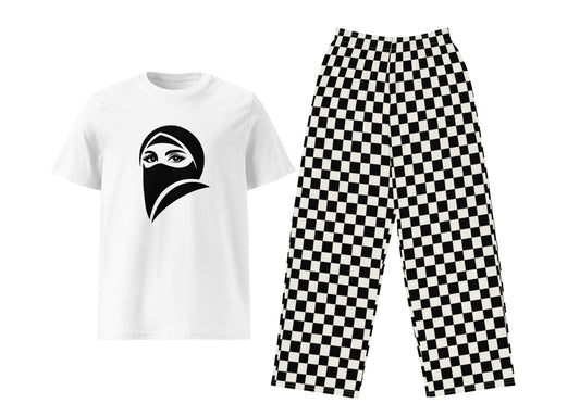 White t-shirt with black niqab design and black and white checkered pants on a white background