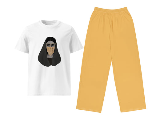 White t-shirt with graphic design and yellow pants on a white background