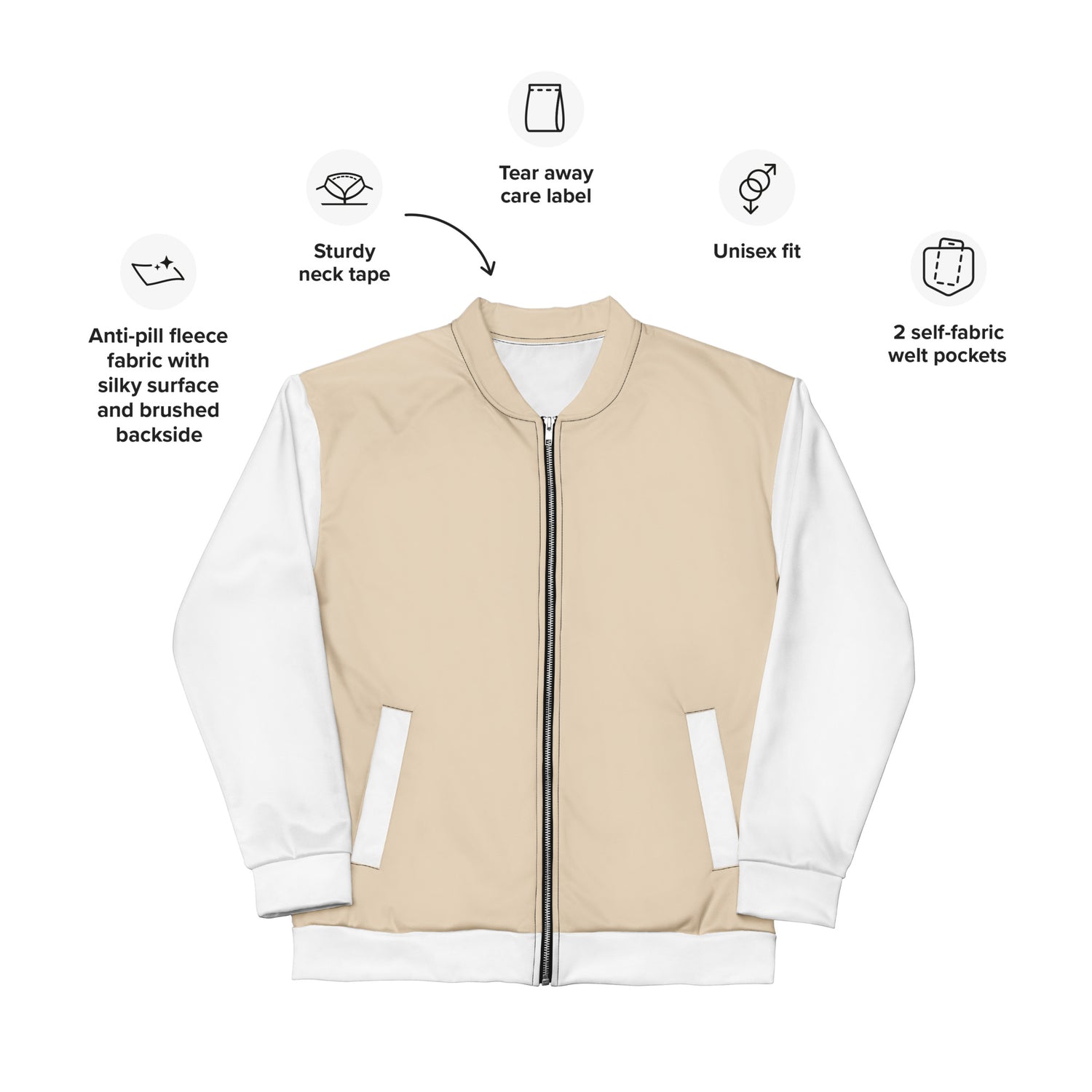 Beige bomber jacket with white sleeves on a white background, featuring text labels about jacket features.