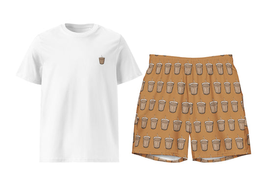 White t-shirt and brown shorts with karak cup pattern on a white background