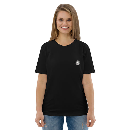 Woman wearing a black t-shirt with a small logo on a white background