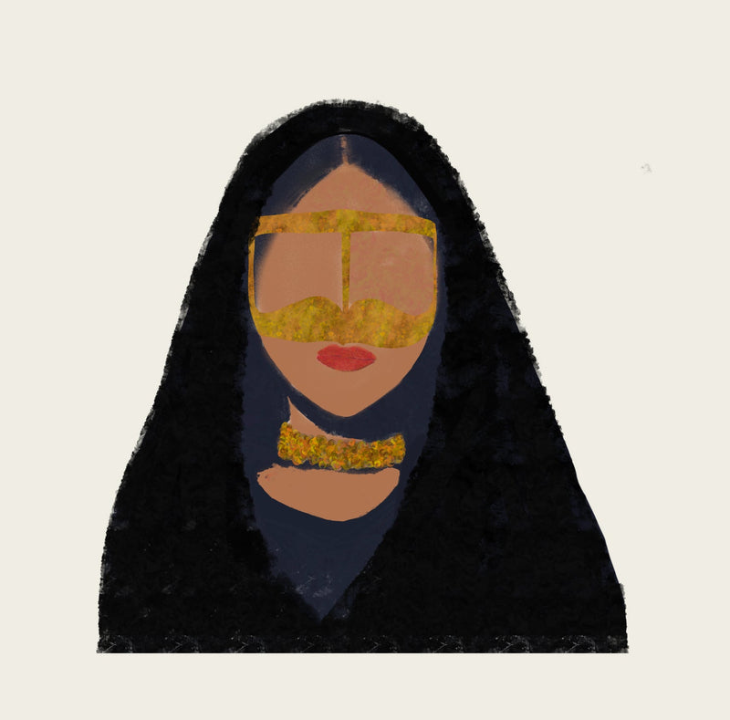 An icon of an arab woman wearing a golden burqa, golden choker and a black abaya