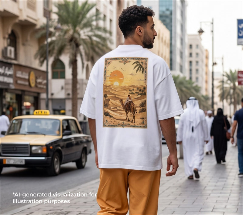 A man walking on a city street seen from behind, wearing an oversized white T-shirt with a large rectangular desert landscape graphic on the back featuring a camel and sunset, paired with light brown pants. Pedestrians and palm trees are visible in the urban background.