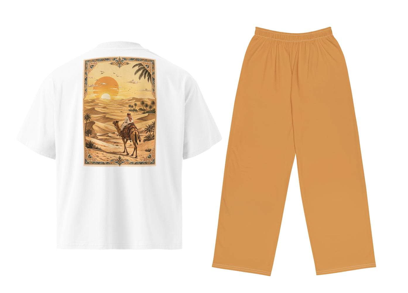 A two-piece clothing set featuring a white short-sleeve t-shirt with a large desert landscape graphic on the back, and a pair of light brown lounge pants, displayed against a solid white background.