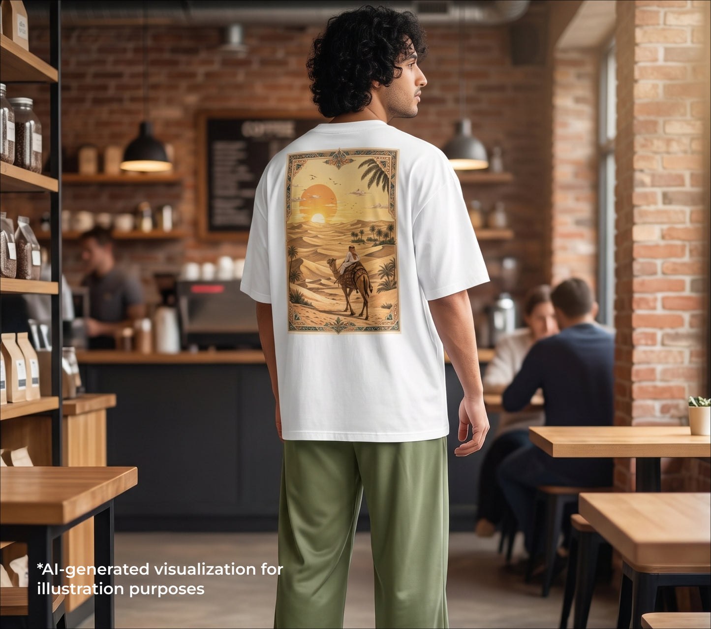 A man standing in a coffee shop, viewed from behind, wearing a white t-shirt with a large vintage-style desert landscape graphic on the back and military green pants. 