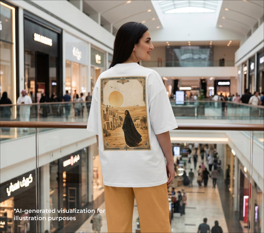 A woman stands in a shopping mall wearing an oversized white graphic T-shirt with a large desert scene print on the back, paired with mustard yellow pants. The mall interior is visible in the background.