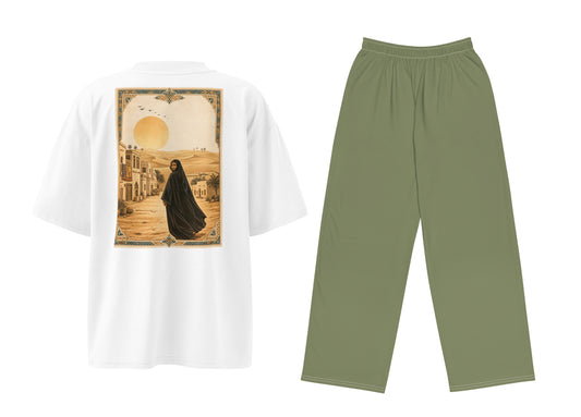 A two-piece clothing set featuring a white short-sleeve t-shirt with a large graphic print on the back, and a pair of military green wide-leg pants, displayed against a solid white background.