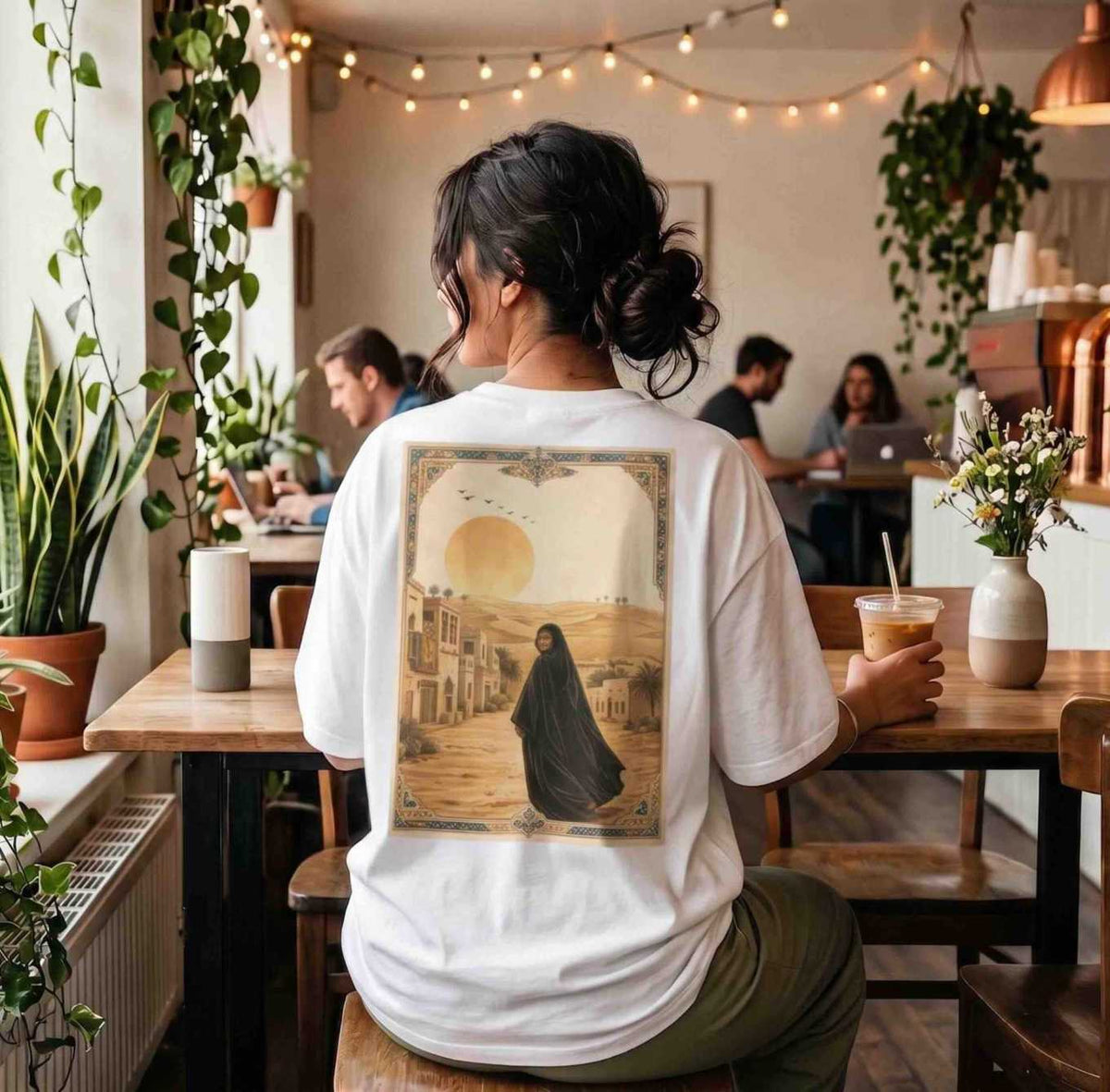 A person sitting in a cozy cafe, viewed from behind, wearing a white t-shirt with a large graphic print on the back depicting a figure in a black cloak in a desert landscape under a golden sun.
