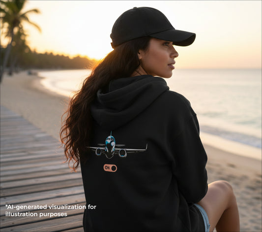 Person wearing a black hoodie with an airplane design on a beach at sunset