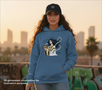 A woman wearing a blue hoodie with an aquarius design with attributes, wearing a black dad hat with an aquarius sign embroidered on it, and she's standing and there's a city in a background