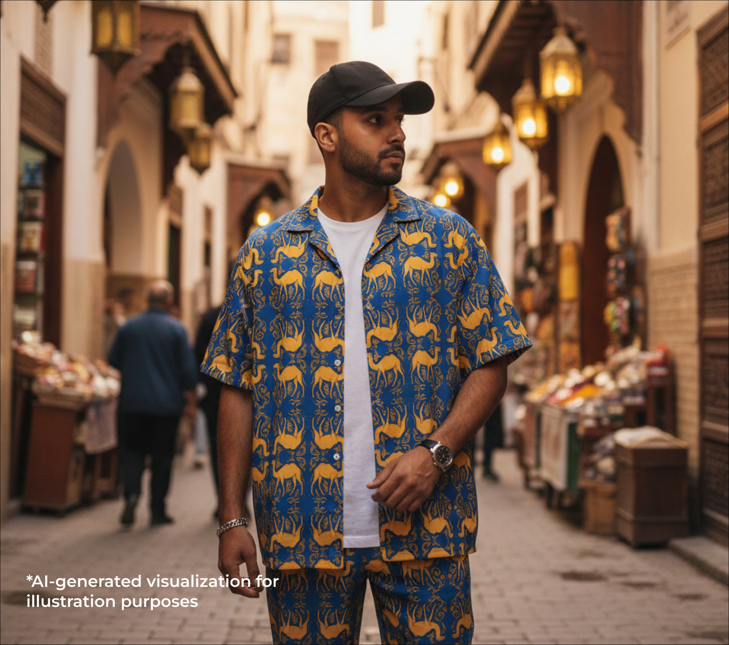 Man wearing a blue camel patterned outfit standing in a street market.