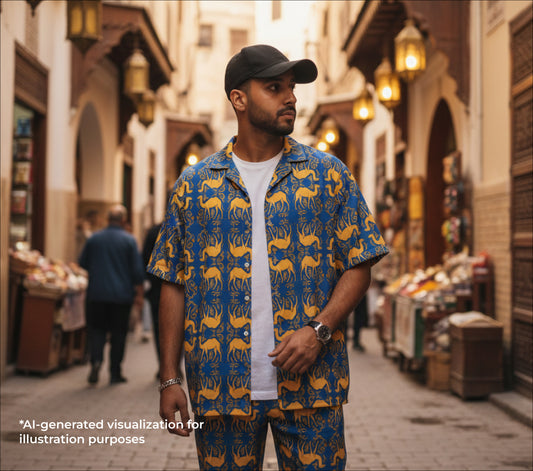 Man wearing a blue camel patterned outfit standing in a street market.
