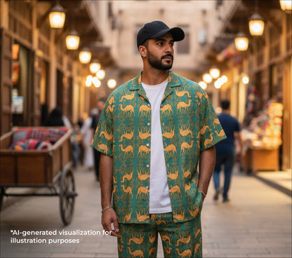 Man wearing a green patterned shirt and pants in an outdoor market setting