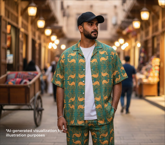 Man wearing a green patterned shirt and pants in an outdoor market setting