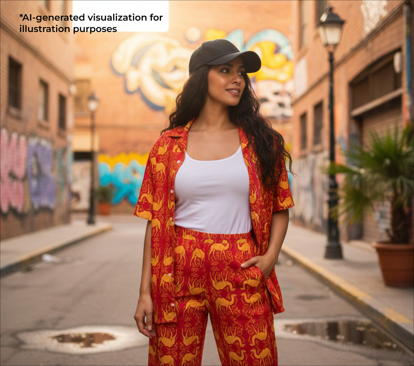Woman in a red outfit with camel patterns standing on a street with graffiti in the background