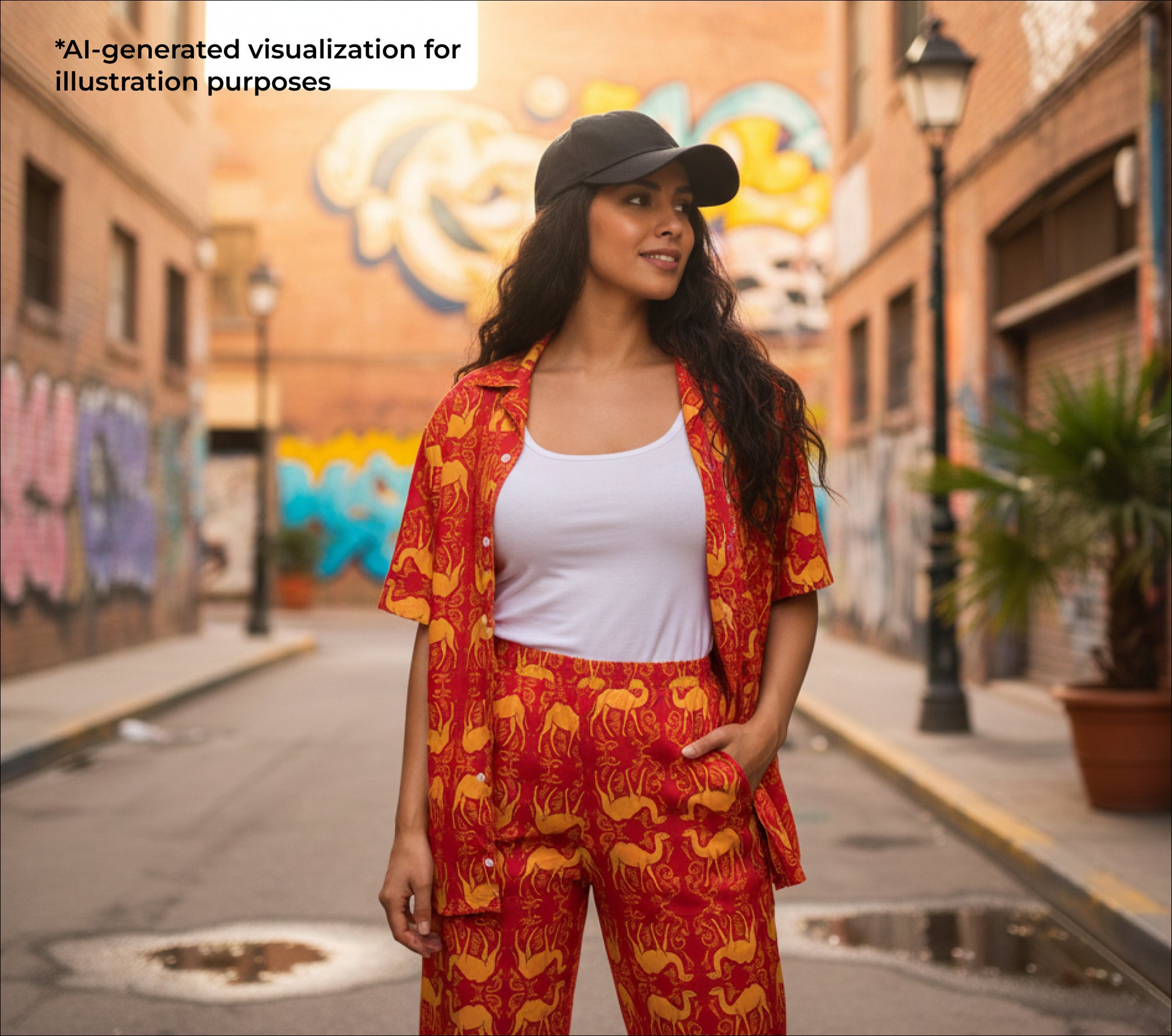 Woman in a red outfit with camel patterns standing on a street with graffiti in the background