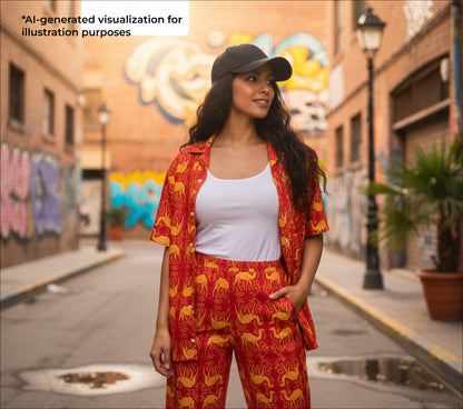Woman in a red outfit with camel patterns standing on a street with graffiti in the background