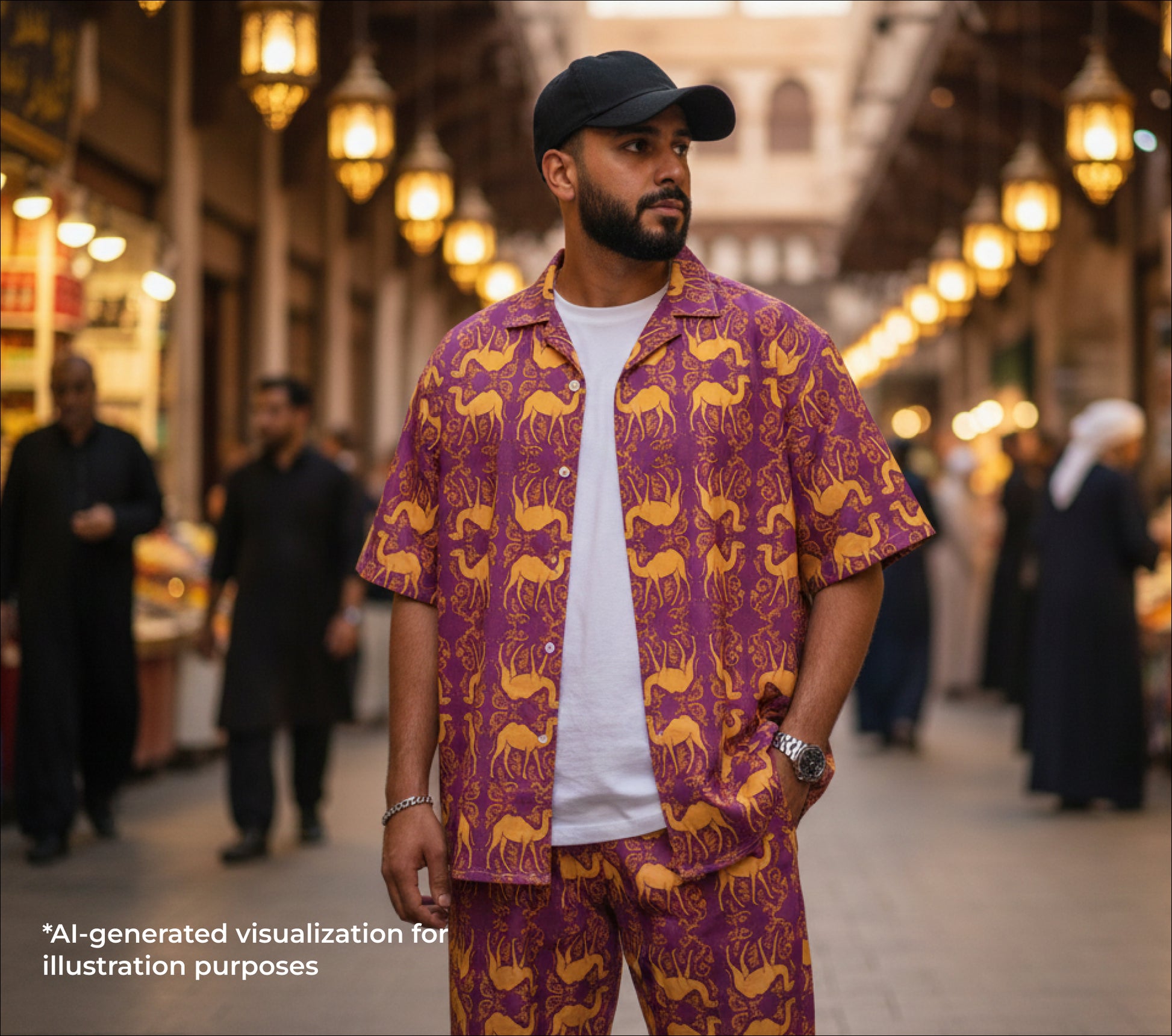 Man wearing a purple patterned outfit in a market setting