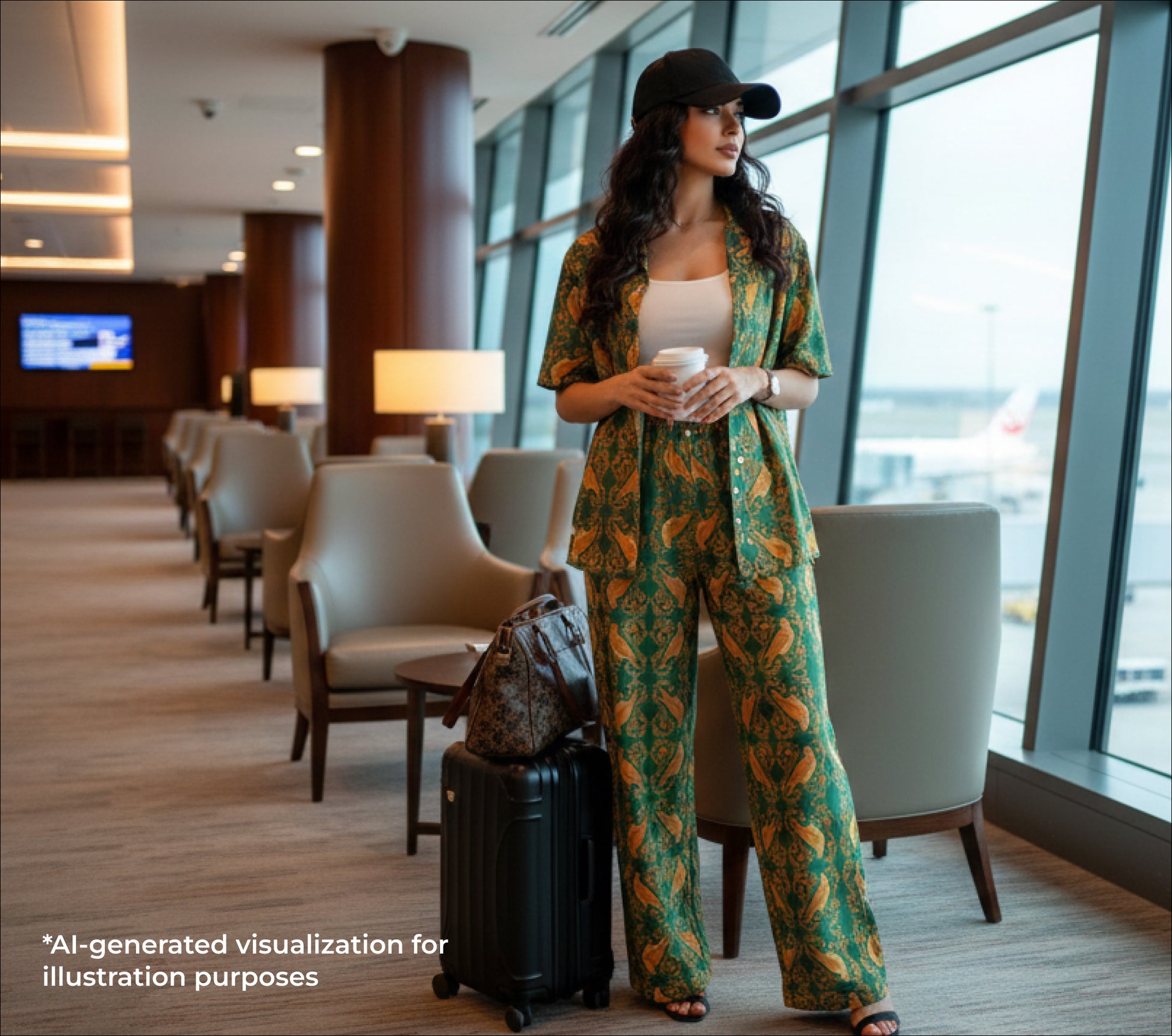Woman in a green patterned outfit standing in an airport lounge with a suitcase and coffee.