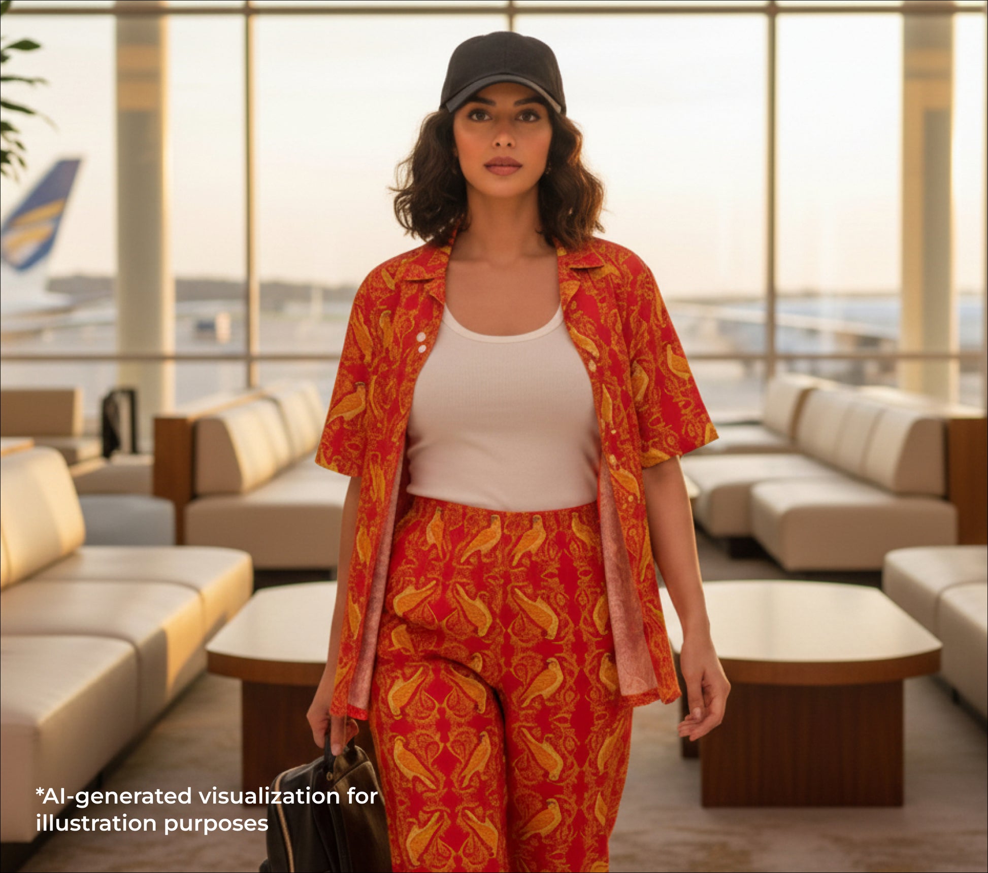 Woman in a red outfit with arabesque falcon patterns standing in an airport lounge.