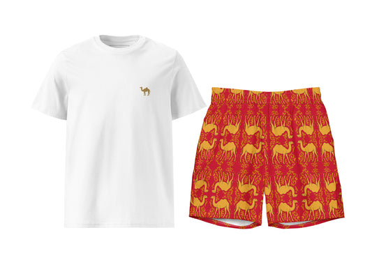 Arabesque Camel (Red) T-Shirt & Swim Trunks Set