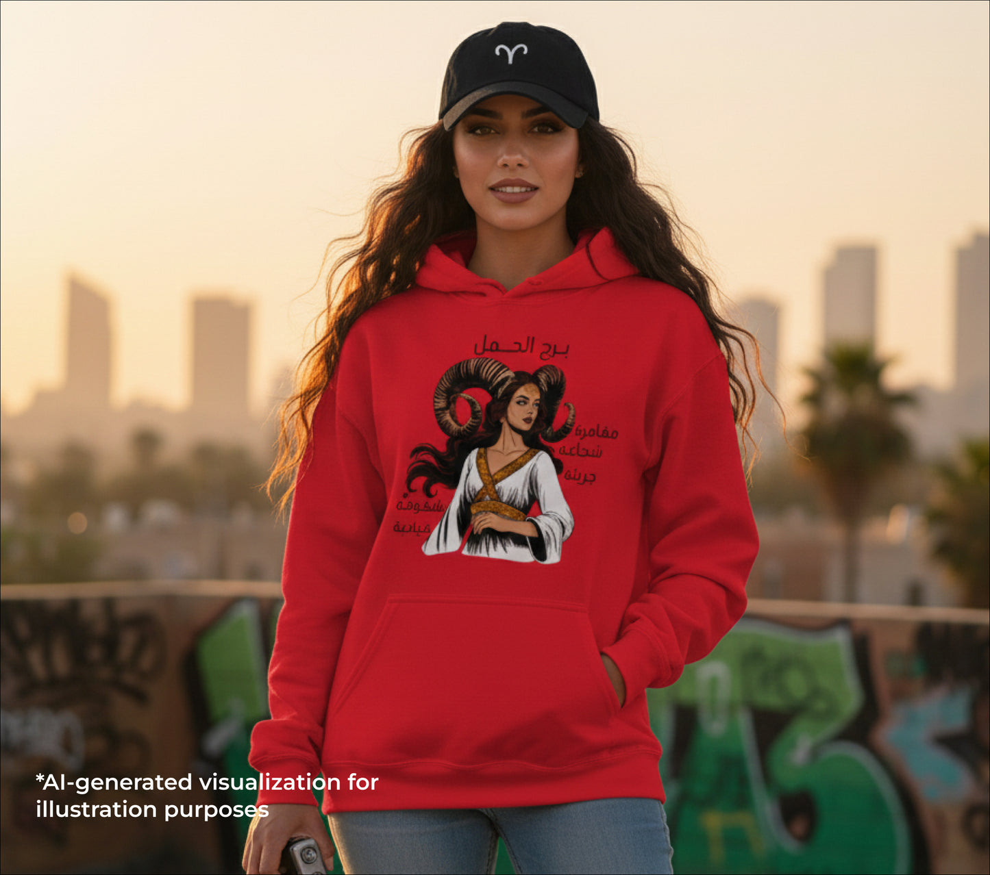 A woman wearing a red hoodie with a design of an aries and it's attributes, and she's also wearing a dad hat with the aries sign embroidered on it and she's standing with the background of a city