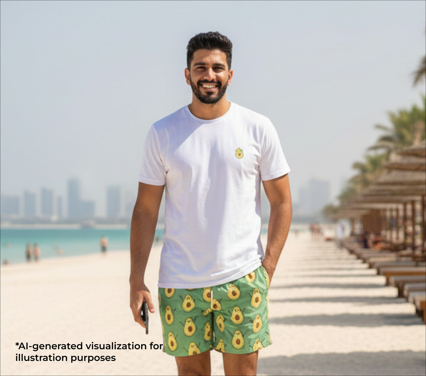 Man wearing a white t-shirt and green avocado-patterned shorts standing on a beach.