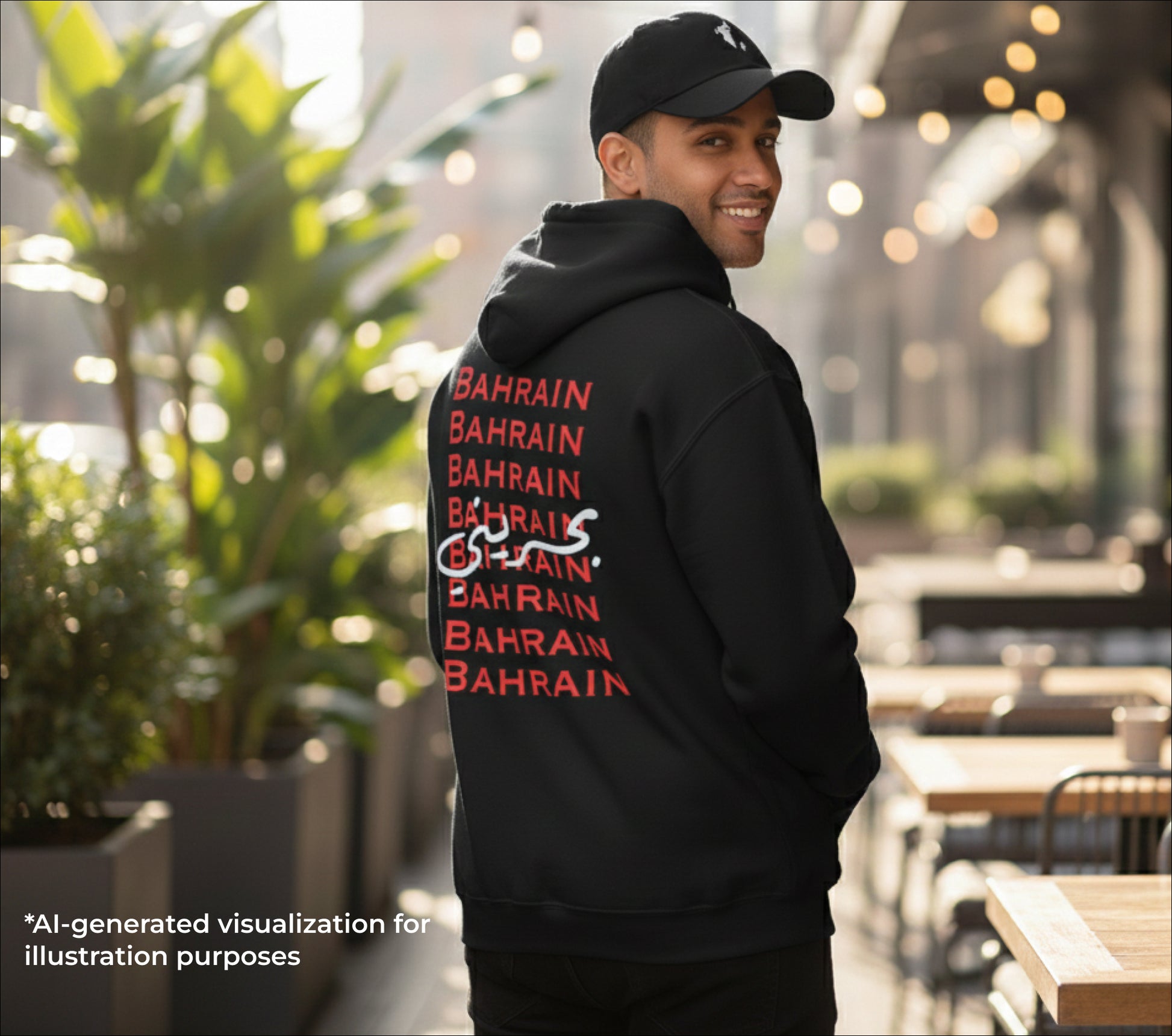 Man wearing a black hoodie with 'BAHRAIN' printed multiple times on the back, standing outdoors.