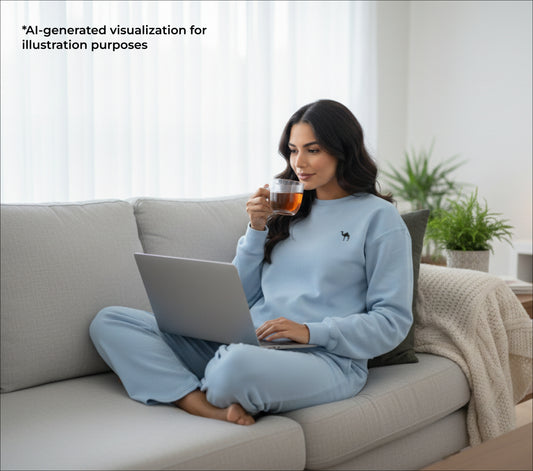 Woman sitting on a couch with a laptop and a cup of tea.