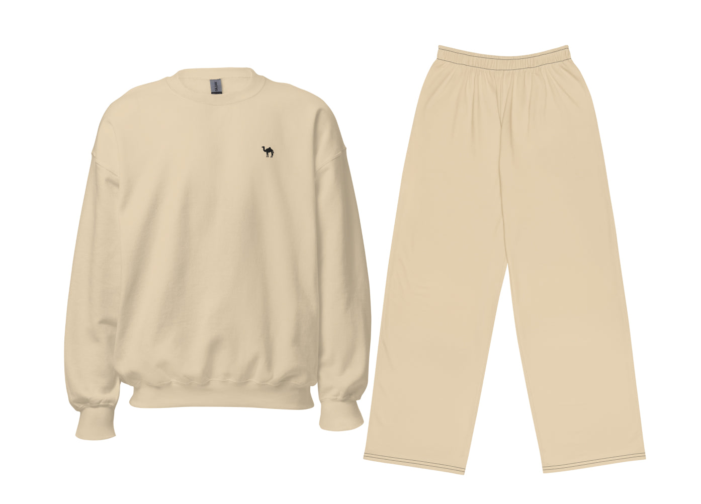Sand sweatshirt and pants set on a white background