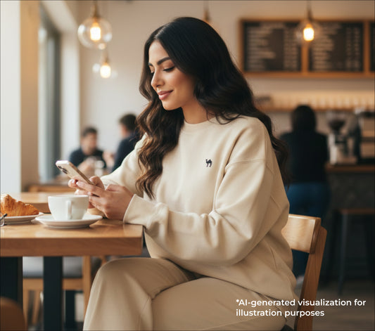 Woman sitting at a cafe table using her phone, with a cup of coffee in front of her.