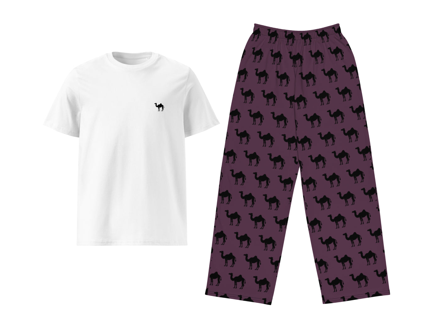 White t-shirt with black camel design and purple pants with black camel pattern on a white background