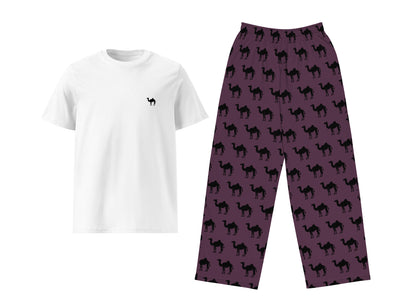White t-shirt with black camel design and purple pants with black camel pattern on a white background