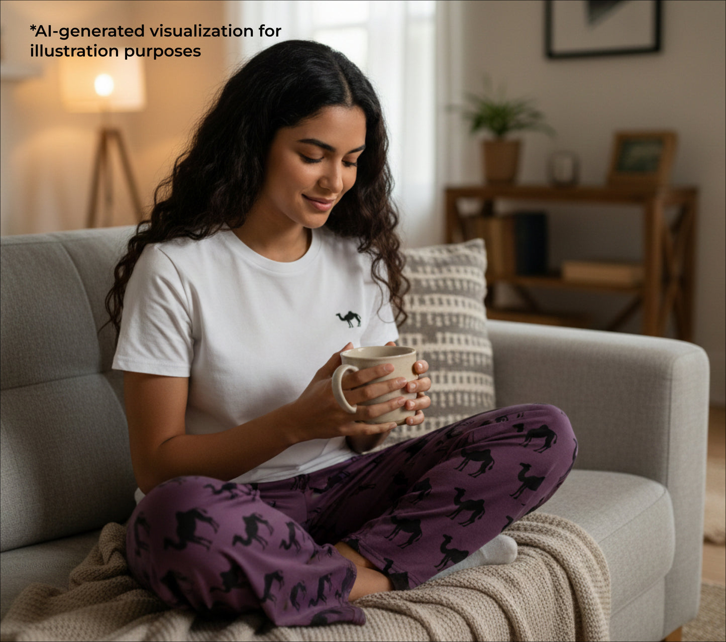 Woman sitting on a couch holding a mug in a cozy living room.