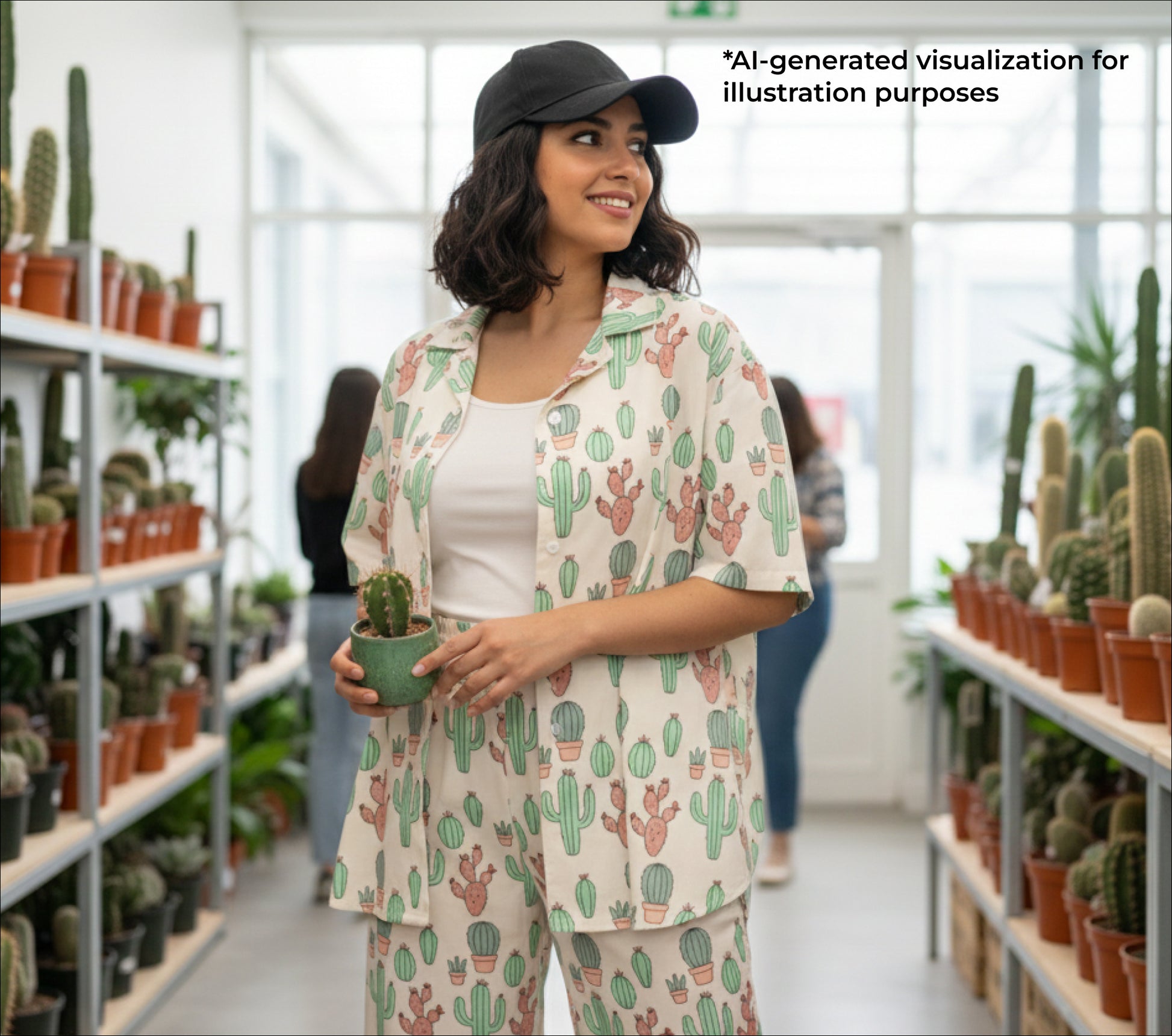 Woman in a cactus-patterned outfit holding a potted plant in a greenhouse.