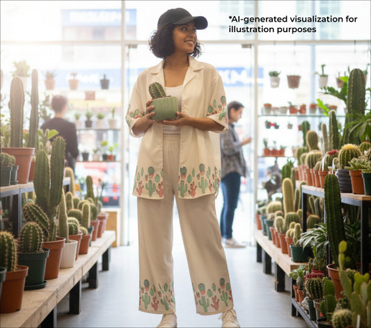 Woman holding a cactus plant in a store filled with various cacti