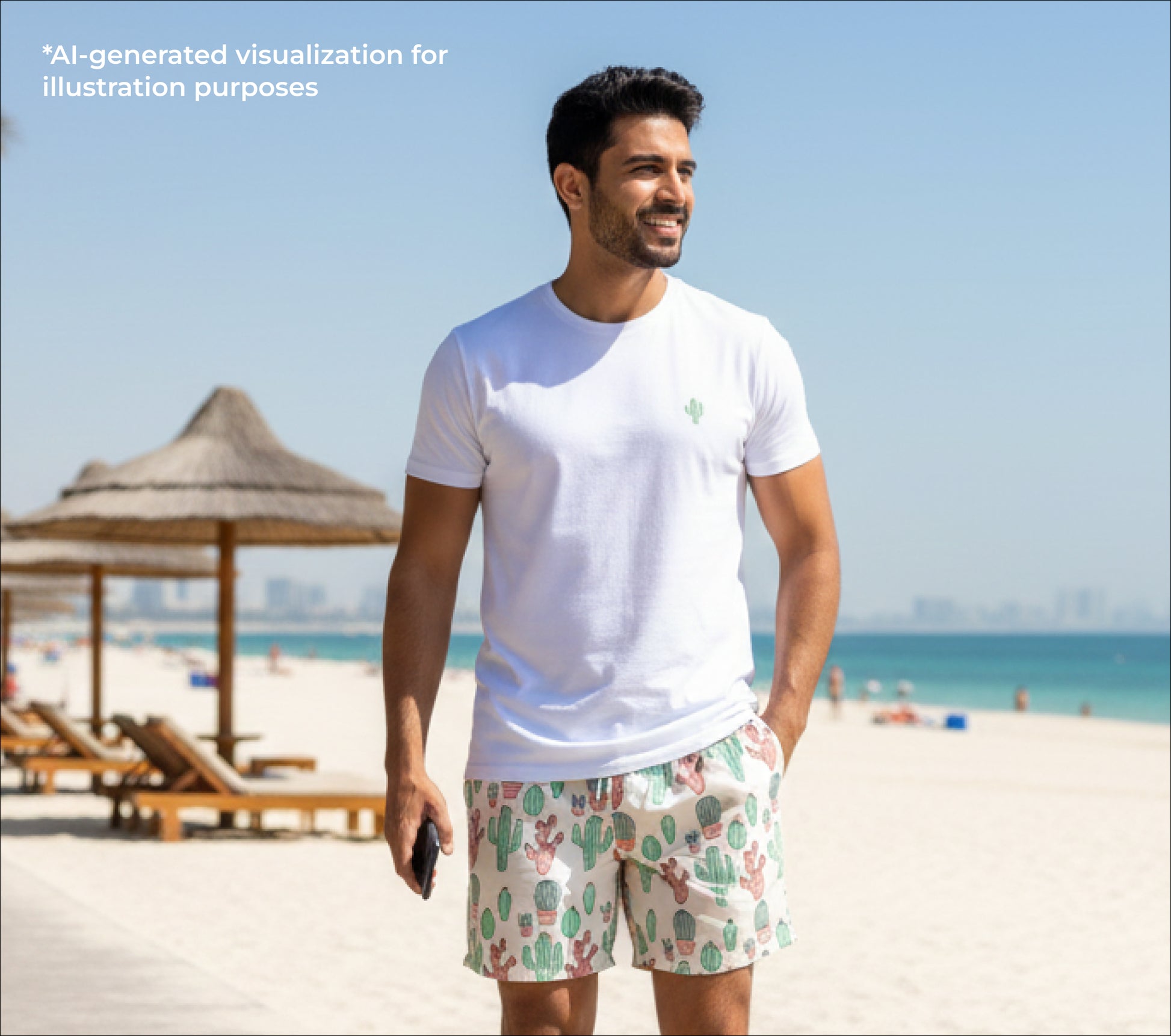 Man wearing a white t-shirt and cactus ensemble patterned shorts on a beach with clear blue sky and ocean.