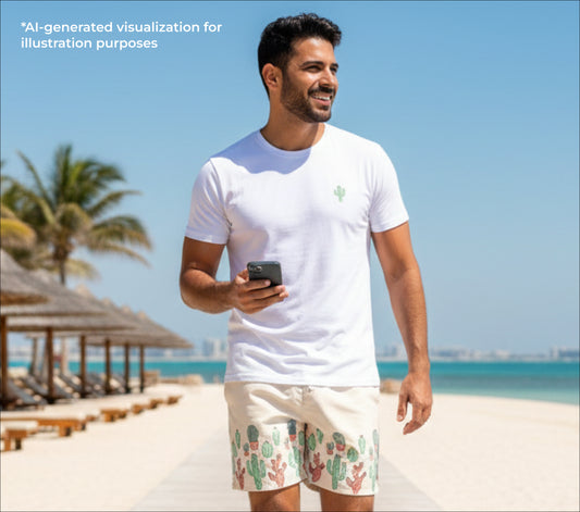 Man on a beach holding a phone with palm trees and clear sky in the background
