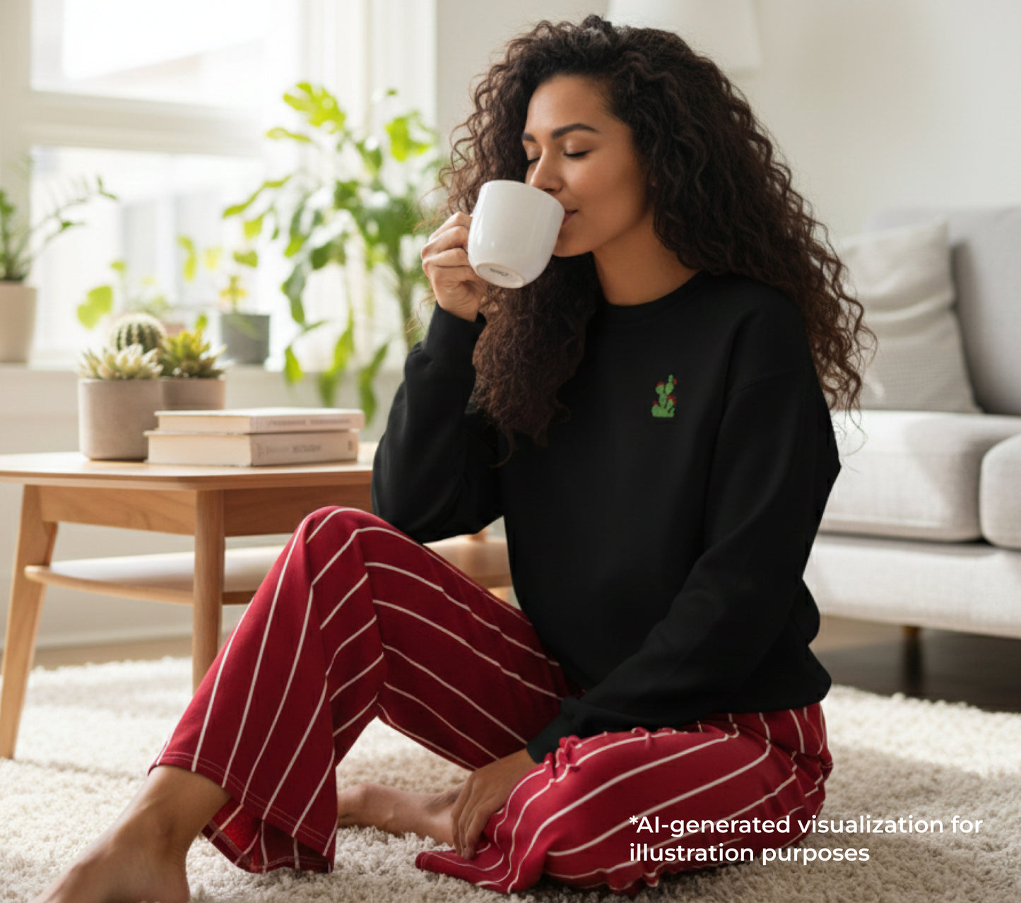 Woman in black sweatshirt and red striped pants drinking from a white mug in a cozy living room.