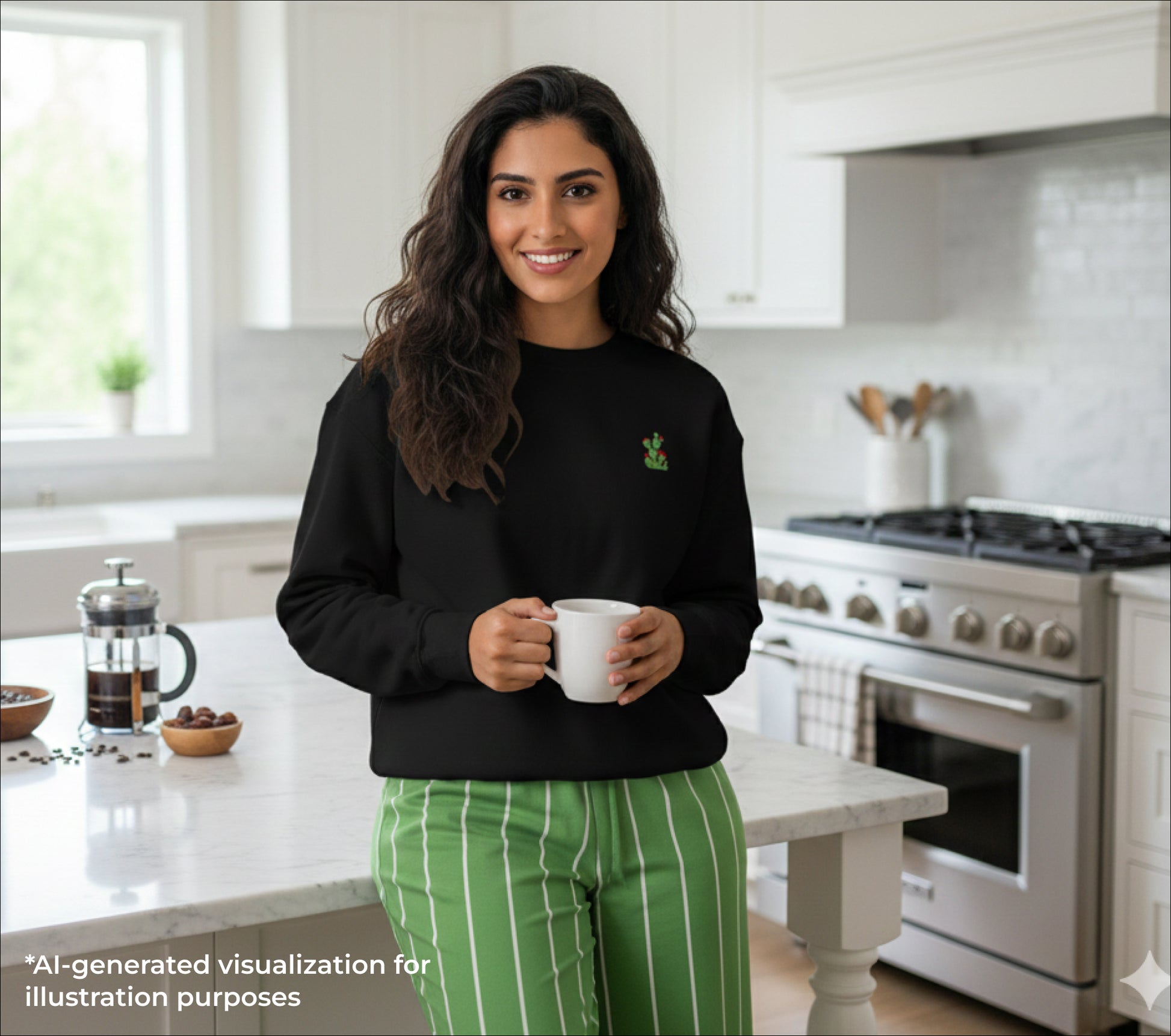 Woman holding a mug in a kitchen with white cabinets and appliances.