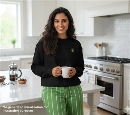 Woman holding a mug in a kitchen with white cabinets and appliances.