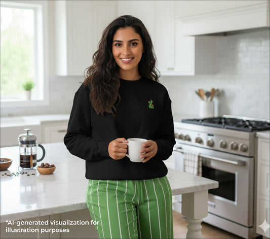 Woman holding a mug in a kitchen with white cabinets and appliances.