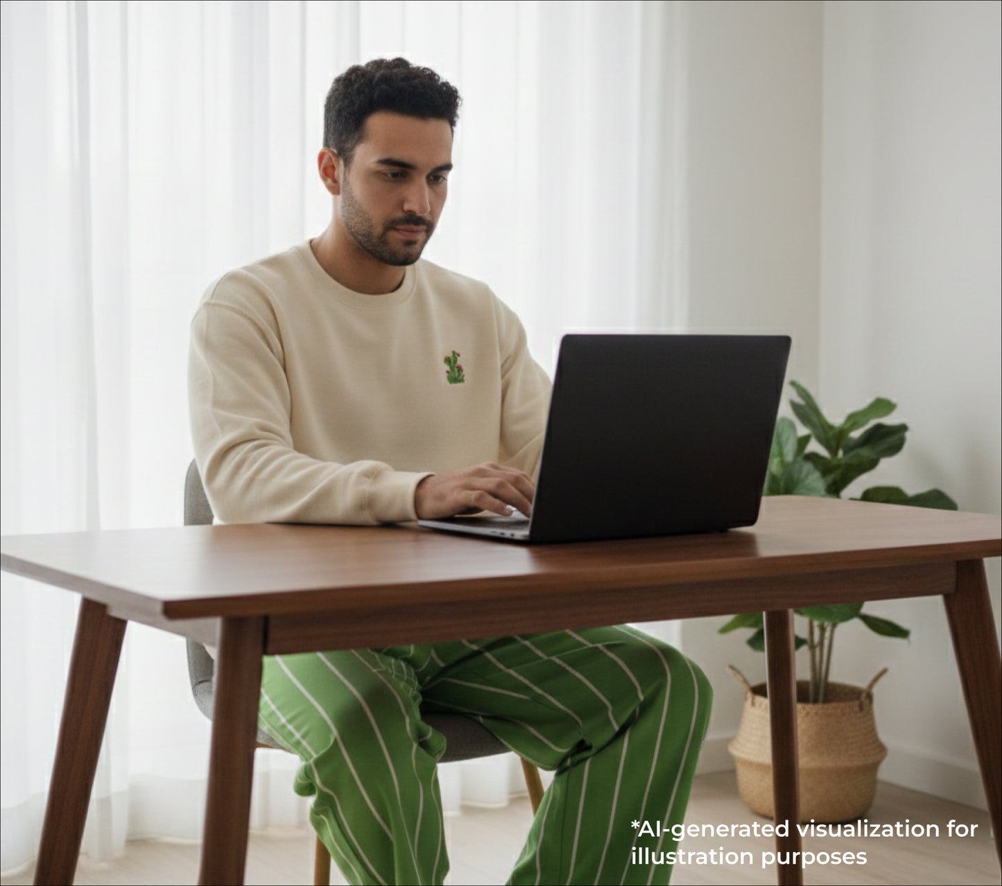 Man sitting at a desk using a laptop in a bright room with plants.