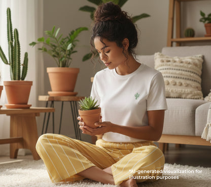 Woman holding a potted plant in a cozy living room