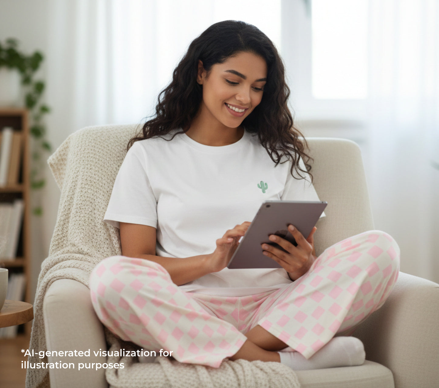 Woman sitting on a couch using a tablet in a cozy living room.