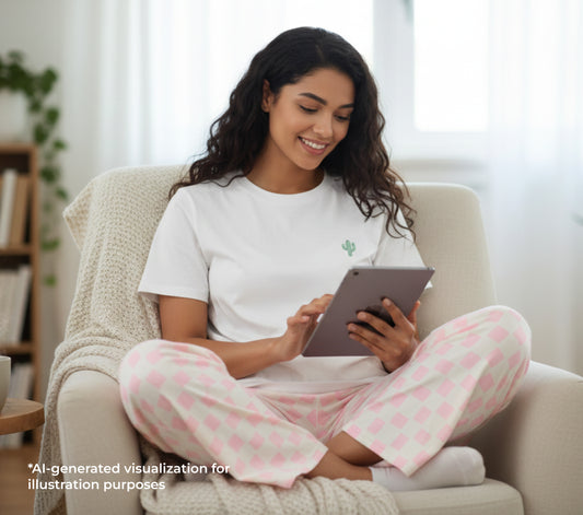 Woman sitting on a couch using a tablet in a cozy living room.