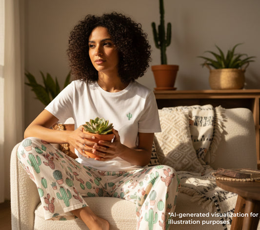 Woman sitting on a couch holding a small plant, wearing a white t-shirt and cactus-patterned pants.