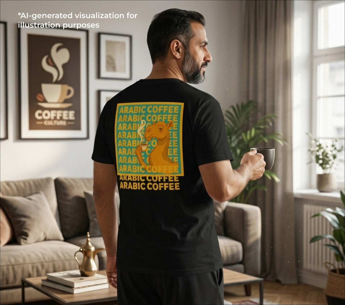 A man stands in a living room wearing a black T-shirt with a large yellow and green graphic on the back featuring the words 'ARABIC COFFEE' and a coffee cup illustration. He is holding a mug and facing away from the camera.