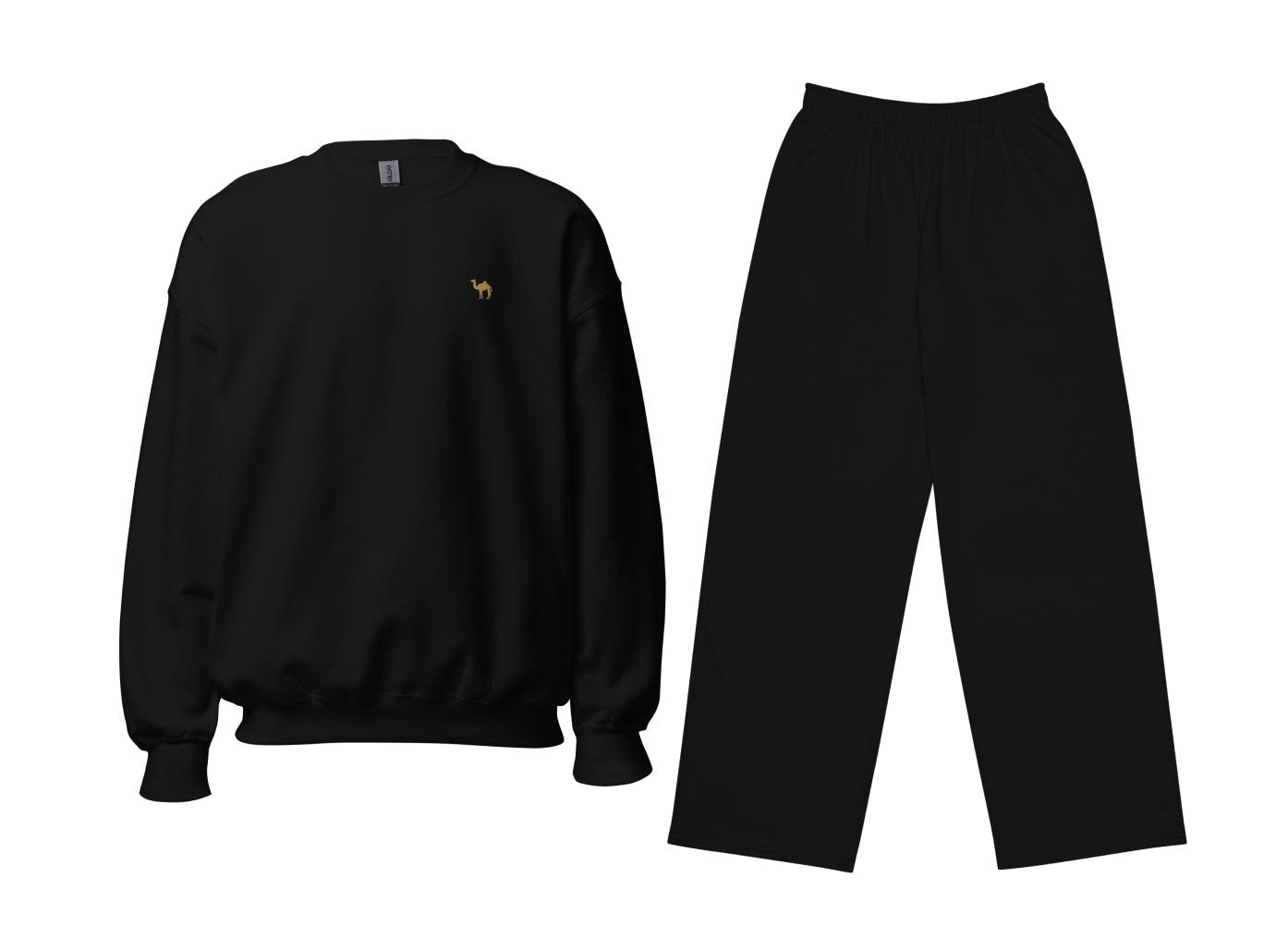 Black sweatshirt and pants set on a white background