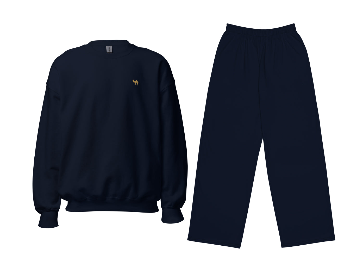 Navy blue sweatshirt and pants set on a white background